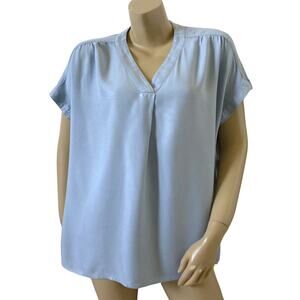 Nine West Blue Short Sleeve V Neck Pleated Blouse Size Large